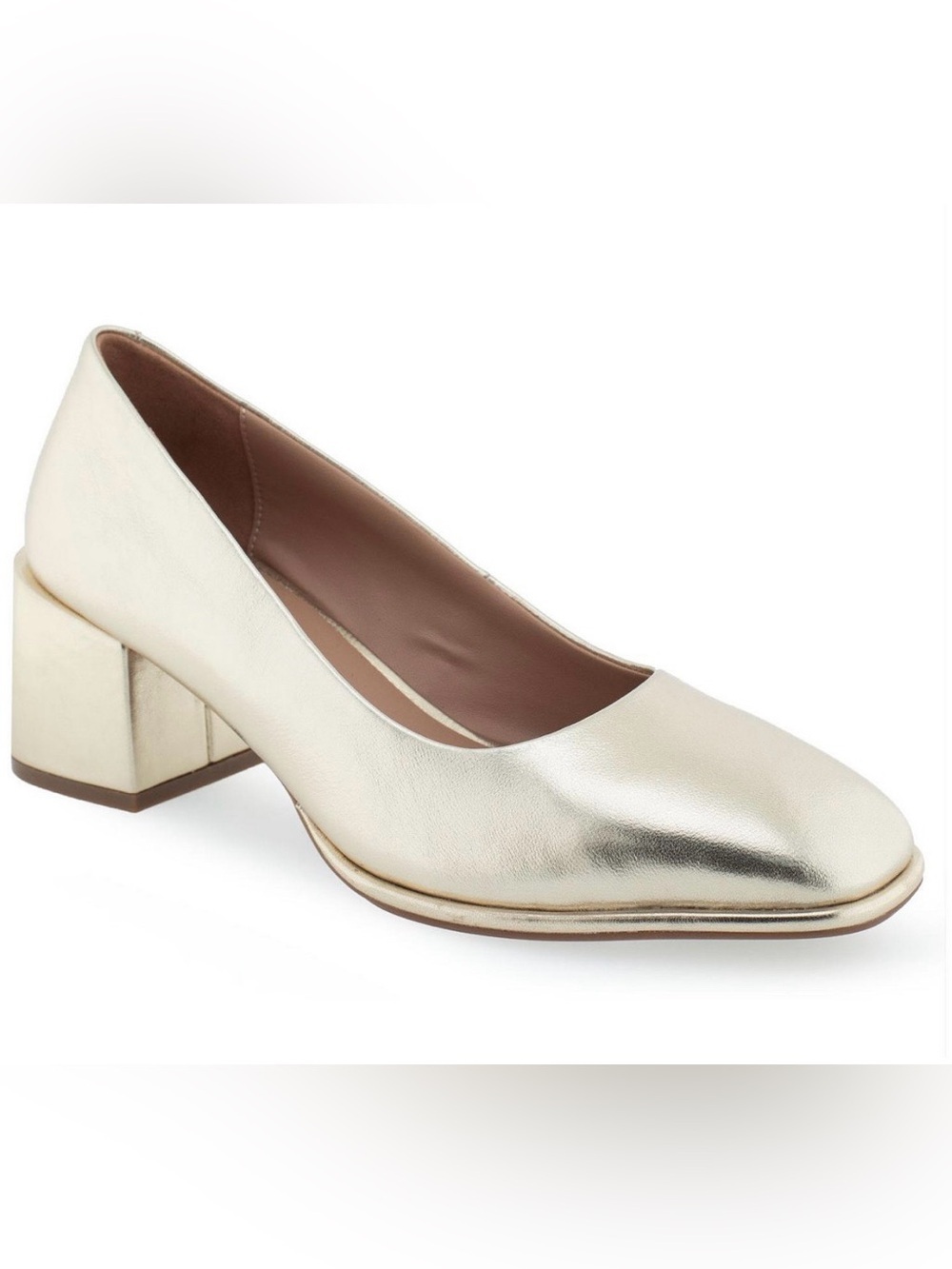 AEROSOLES Metallic Gold Leather Block Heel Pump Size 10.5